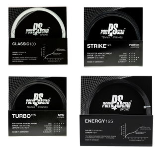 Polystar Tennis String TEST PACKAGE in Classic/Strike/Turbo/Energy white/black 4x12m Set