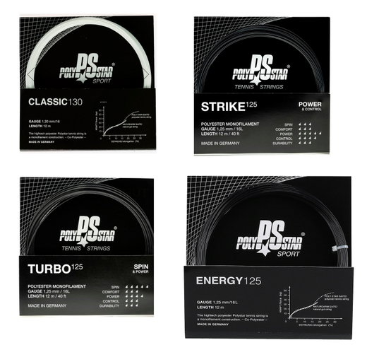 Polystar Tennissaite TESTPAKET aus Classic/Strike/Turbo/Energy weiss/schwarz 4x12m Set