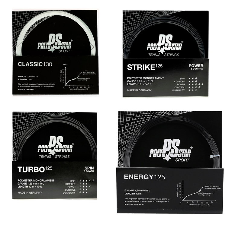Polystar Tennissaite TESTPAKET aus Classic/Strike/Turbo/Energy weiss/schwarz 4x12m Set