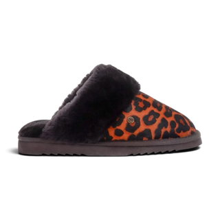 Warmbat Slippers with Collie Print and Merino Sheepskin in Brown/Black for Women