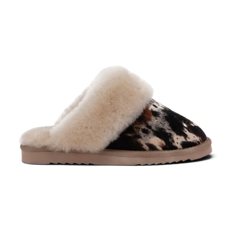 Warmbat Hausschuhe Pantoffel Collie Print mit Merino Schaffell schwarz/weiss Damen