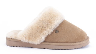 Warmbat Hausschuhe Pantoffel Flurry Suede mit Merino Schaffell camelbraun Damen