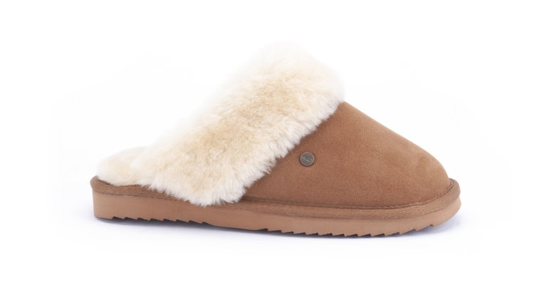 Warmbat Hausschuhe Pantoffel Flurry Suede mit Merino Schaffell cognacbraun Damen