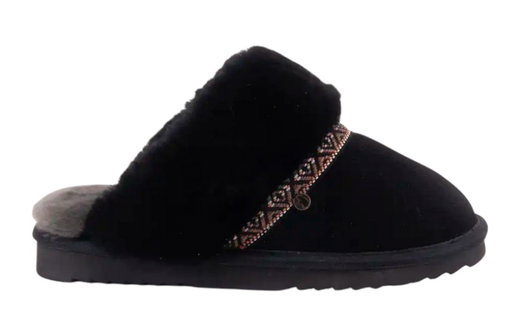 Warmbat Hausschuhe Pantoffel Flurry Suede Tape mit Merino Schaffell schwarz Damen
