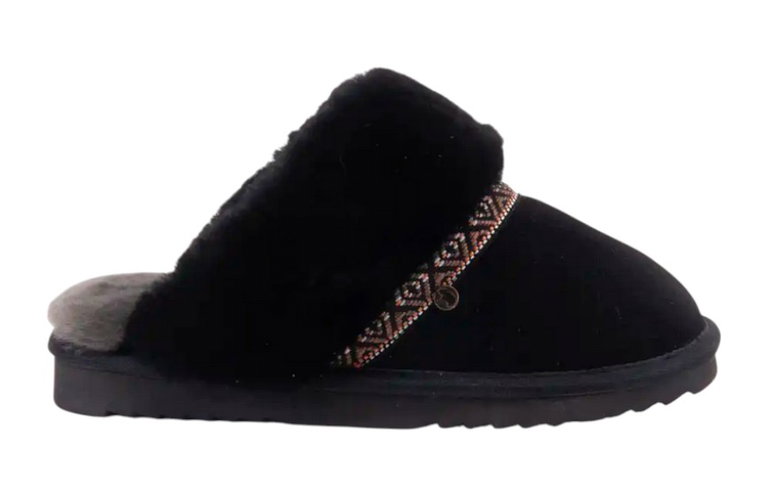 Warmbat Hausschuhe Pantoffel Flurry Suede Tape mit Merino Schaffell schwarz Damen