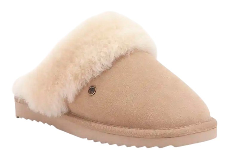 Warmbat Hausschuhe Pantoffel Flurry Suede mit Merino Schaffell hellbraun Damen