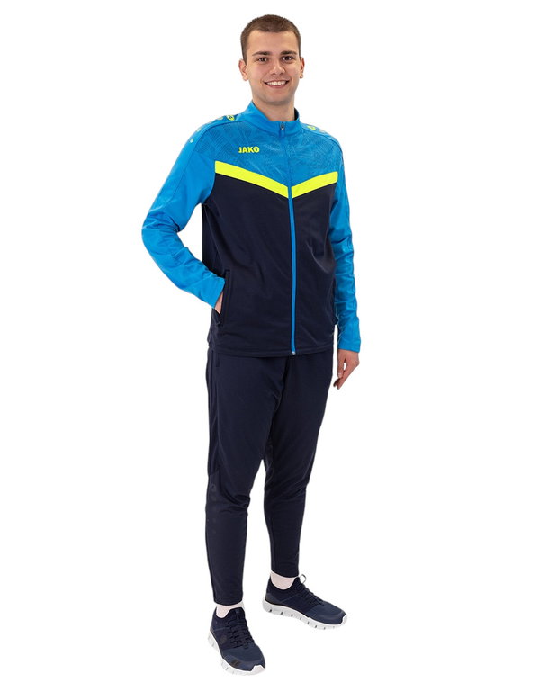 JAKO Trainingsanzug Polyester Iconic (Jacke und Hose, sportiver Schnitt) marineblau/hellblau/gelb Herren